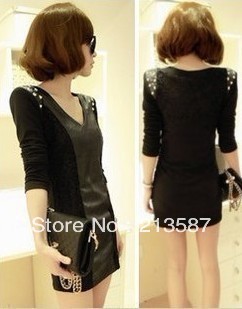 3210 slim hip leather skirt basic skirt long-sleeve dress 1