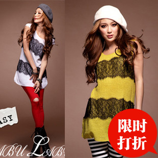 3501 spring and autumn o-neck sleeveless lace decoration slim casual all-match vest sweater