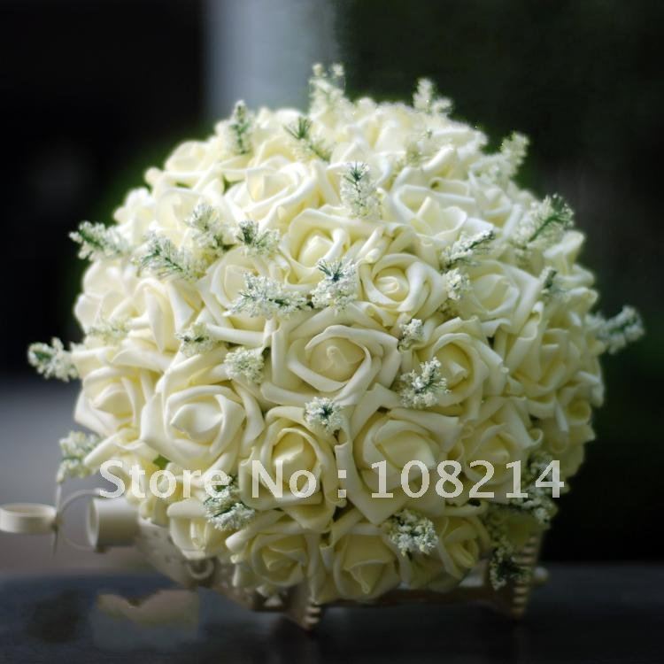 36 Ivory Rose Bridal Bouquets for wedding party with white little flower