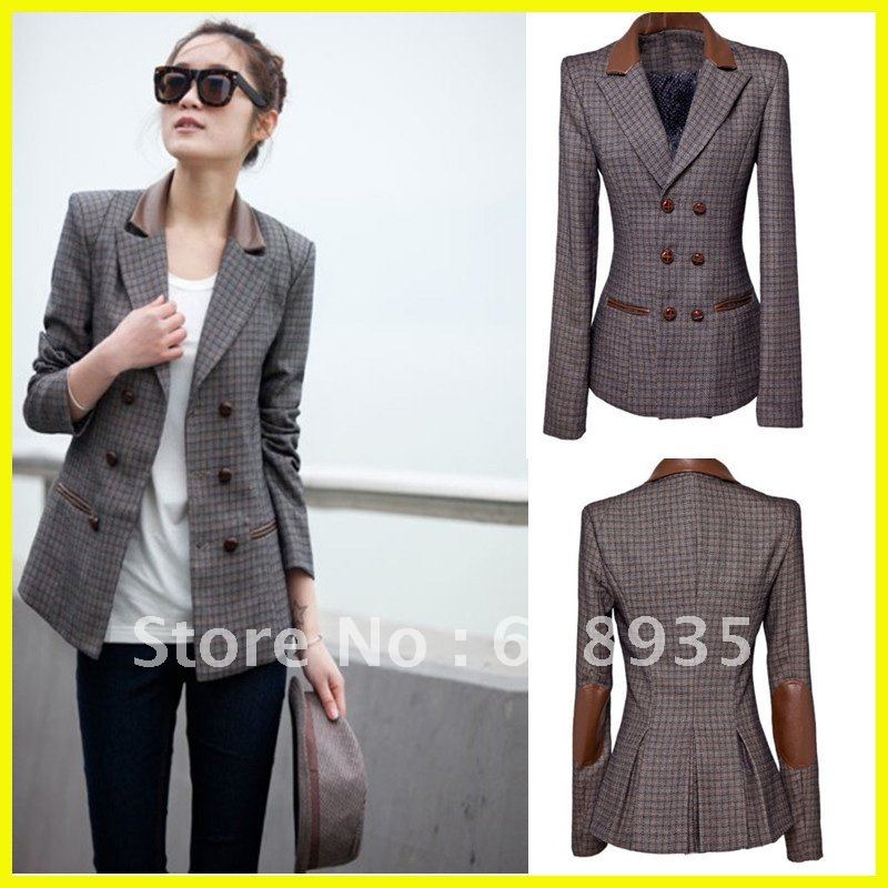 360 Top.Free shipping.ZAR Vintage British foldable sleeve woman autumn's PU leather grid suit jacket&coat&outwear.M-L.T024