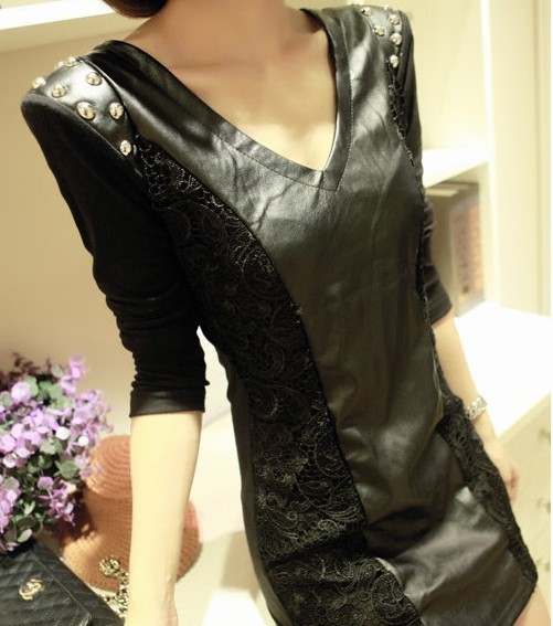 3683 slim sexy slim hip leather skirt lace basic skirt long-sleeve dress autumn