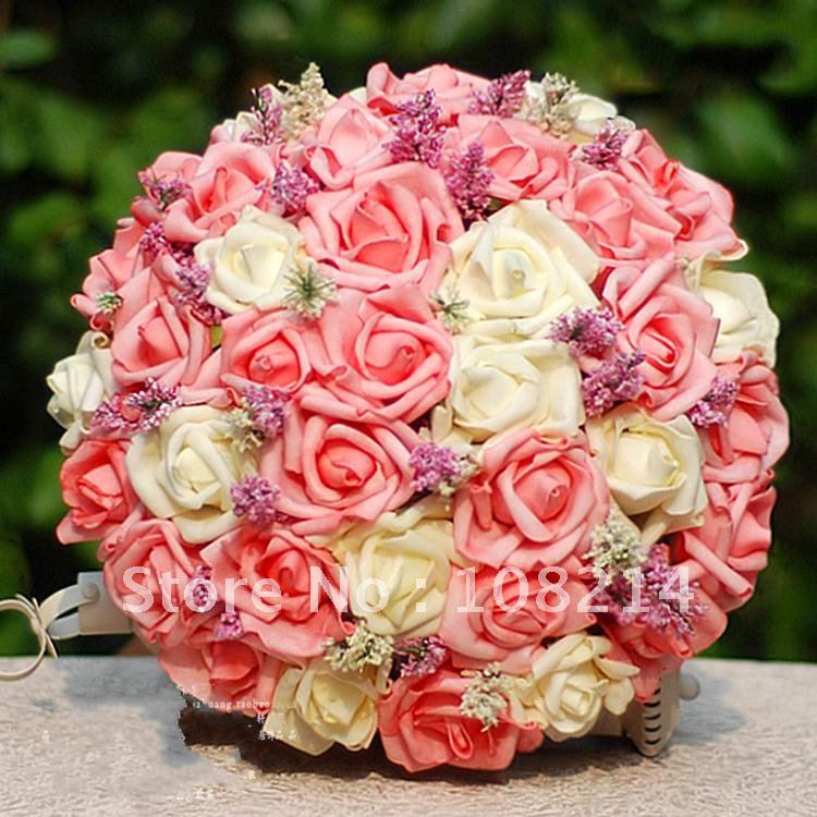 36Pcs Rose Artificial Flower Bridal Bouquets Pink+Milk White color with D-28cm