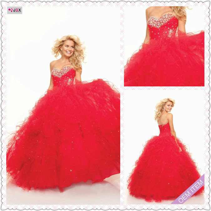 3784-1hs Brightly Color of Red Sweetheart Beading Ruffled Tulle Ball Gown Banding Back red quinceanera dresses 2012
