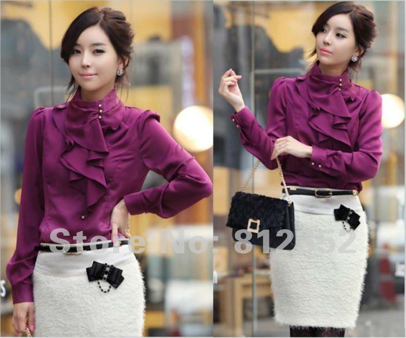 3colors New Korea Fashion Women's Blouses T Shirts OL Tops for Ladies Long Sleeve Ruffles White S/M/L/XL Pluse Size Wholesale