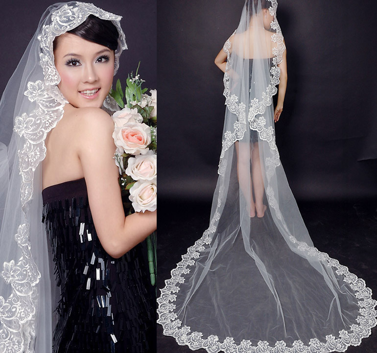 3m lace bridal veil, long train, bridal accessories, single layer, white, beading, wholesale, retail, low price, free shipping