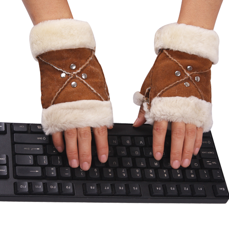 3Pairs/Lot Hot sale Winter Thermal  Semi-Finger  Women's Genuine Leather Computer Typing  Fur Gloves Free Shipping