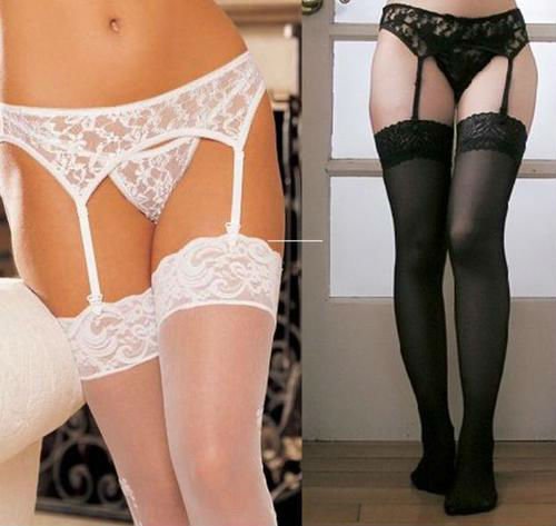 3PC SET New sexy lingerie lace garter + g-string + Silicon thigh highs stockings
