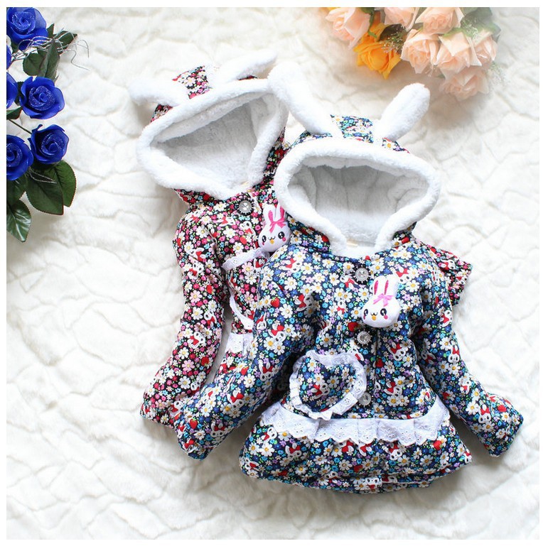 3pcs baby girls cotton fleece flower coat cute rabbit winter outwear children thick clothes free shipping