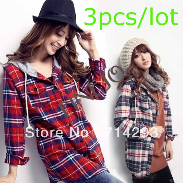 3pcs/lot 2012 Hot Women's Ladies Long Sleeve Flax Casual Hood Plaid Shirt Blouse
