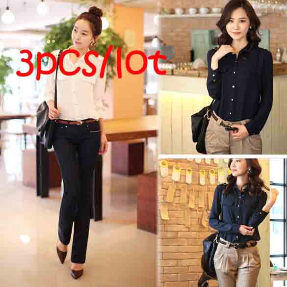 3Pcs/lot 2013 Fashion Women's Long Sleeve chiffon Blouse Ladies' Shirt Black/White/Blue 3 Size Wholesale Free shipping 7442