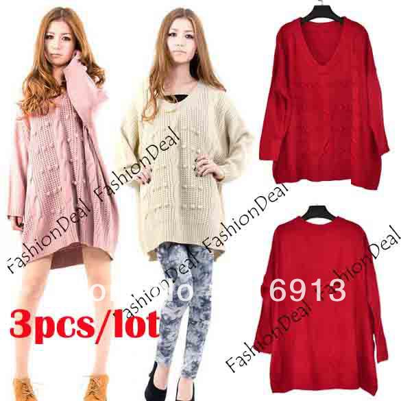 3pcs/lot 2013 Korean Fashion Women's Casual V-Neck Knitting Loose Batwing Sweaters Tops Free Shipping9475