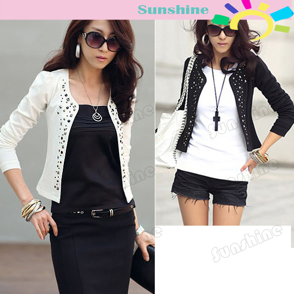 3pcs/lot  2013 New 2 Colors Black White  Women's Rivet Coat Lady's Long Sleeve Shrug Suits Small Jacket Free Shipping 7164