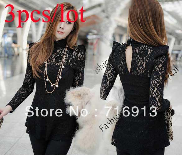 3pcs/lot 2013 New Fashion Women's Retro V-neck Tops Sexy Bottoming  Long Sleeve Lace Shirt 2 Color Free Shipping 10123