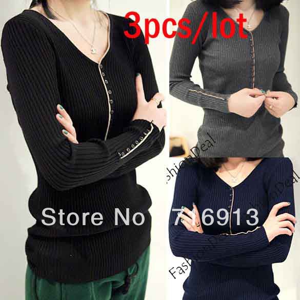 3pcs/lot 2013 New Fashion Women's Slim Thread Bottoming Long Sleeve Shirt Knitted Sweater 6 Colors Free Shipping 11030