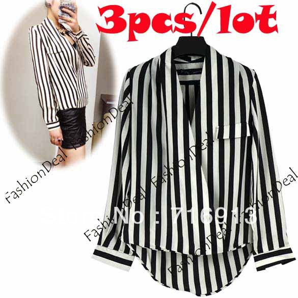 3pcs/lot 2013 New Fashion Women's V-Neck Black White Stripe Chiffon Blouse Shirt Tops 3 Sizes Free Shipping 11109