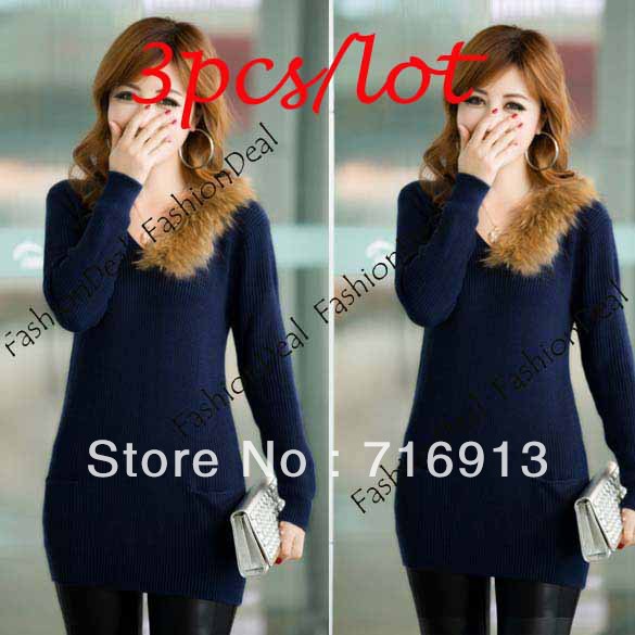 3pcs/lot 2013 New Korea Women's All-match Double Pockets Bottoming Knitwear Long Sleeve V Neck Sweater Shirt Free Shipping 10181