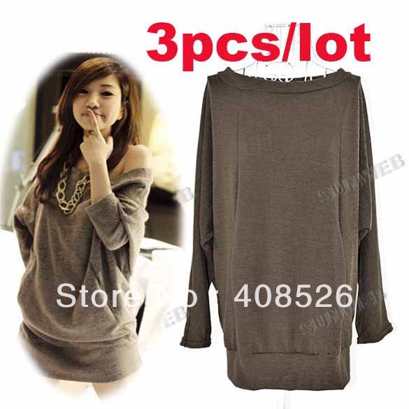 3pcs/lot 2013 Women's New Cotton Sexy O-neck Batwing Sleeve Top Jumper Loose Knitted Sweater Pullover Coffee free shipping 8776