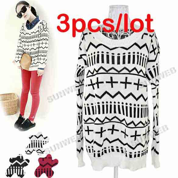 3Pcs/lot Autumn Fashionable Sign Pattern Loose Long Sleeve sweater Knitting Tops Blouse Black/ White/ Red free shipping 8093