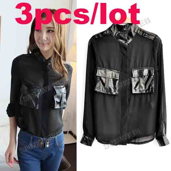 3pcs/lot Black New Womens Shirt Chiffon Blouse Synthetic Leather Splicing long sleeve Shirts Sheer Tops free shipping 9435