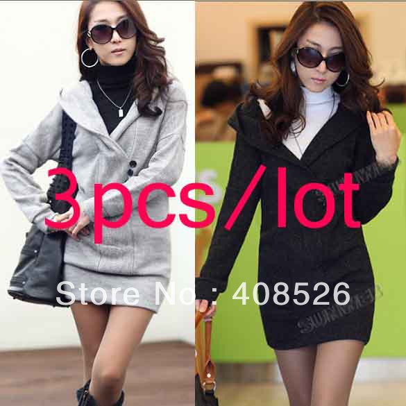 3Pcs/lot Casual Fashion Women's Sweater Long Sleeve Mid-length Sexy V-neck Knitted Hoodie Coat 3 colors free shipping 9179