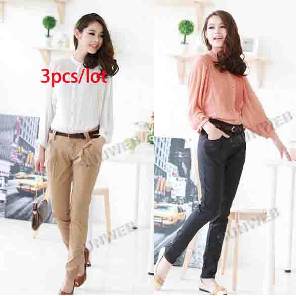 3pcs/lot Casual Korean Women's OL Puff Long Sleeve Shirt Pleated Chiffon Batwing Blouse free shipping 11010