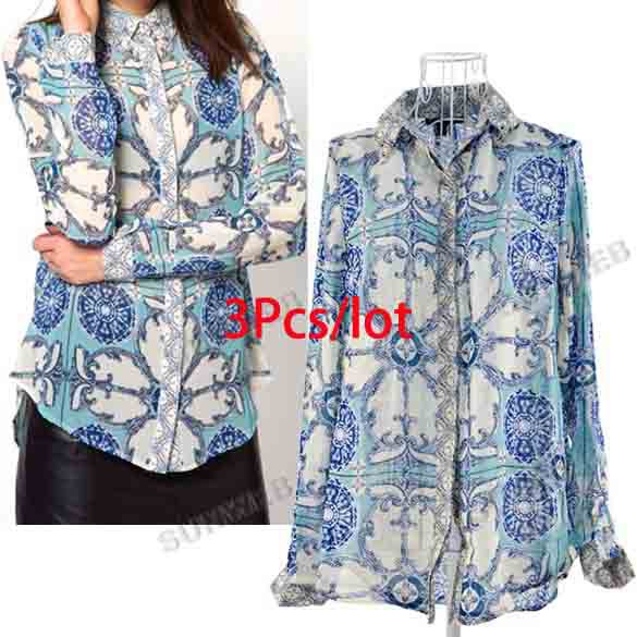 3pcs/lot Casual Women's Europe Style Rivet Print Turndown Collar Long Sleeve Chiffon Blouse Shirt Top S,M,L Free shipping 11112