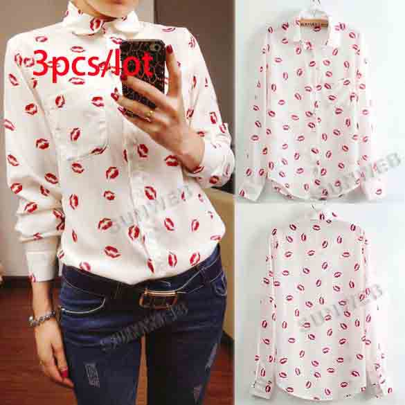3pcs/lot Casual Women's Ladies Vintage Europe Style Long Sleeve Red Lips Print Chiffon Blouse Shirt S,M,L Free shipping 11117