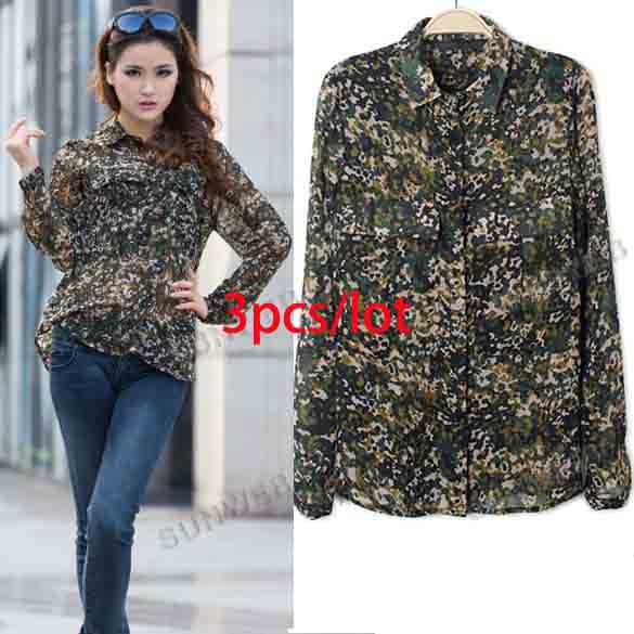 3pcs/lot Casual Women's Lady New Camouflage Print Two Big Pocket Chiffon Blouse Top Shirt S,M,L free shipping 11118