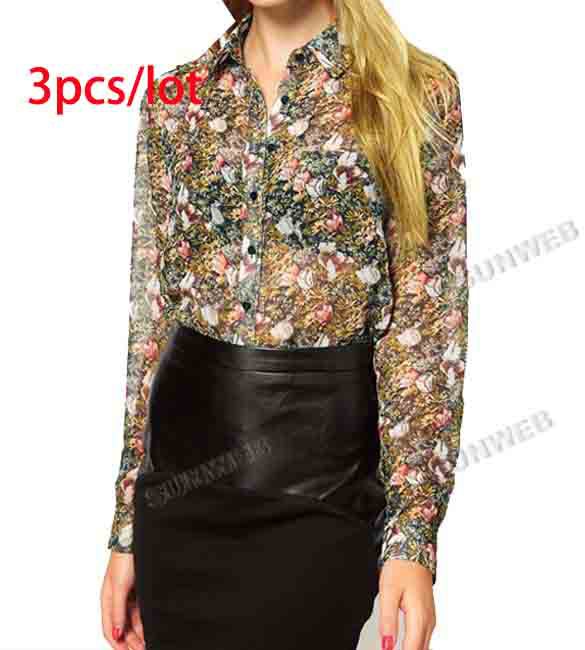 3pcs/lot Casual Women's Spring Summer Europe Style Floral Print Turndown Collar Chiffon Blouse T Shirt Top Free shipping 111116