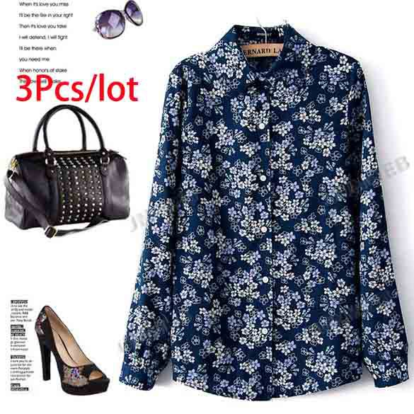 3pcs/lot Casual Women's T Shirt Europe Style Vintage Allover Turndown Collar Long Sleeve Blouse Top free shipping 11107