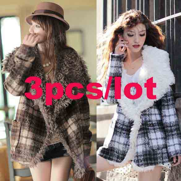 3pcs/lot Casual  Women's Warm Winter Circle Fur Collar Short Woolen Coat Jacket Grid Outwear M,L drop shipping 9553