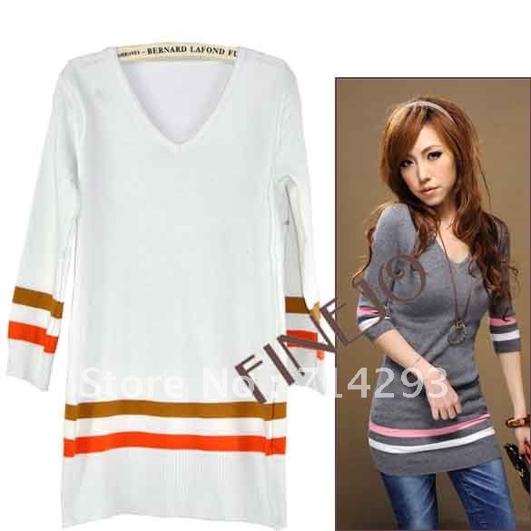 3PCS/LOT CHIC STRIPED V NECK LONG SWEATER  3 Colors free shipping 8073