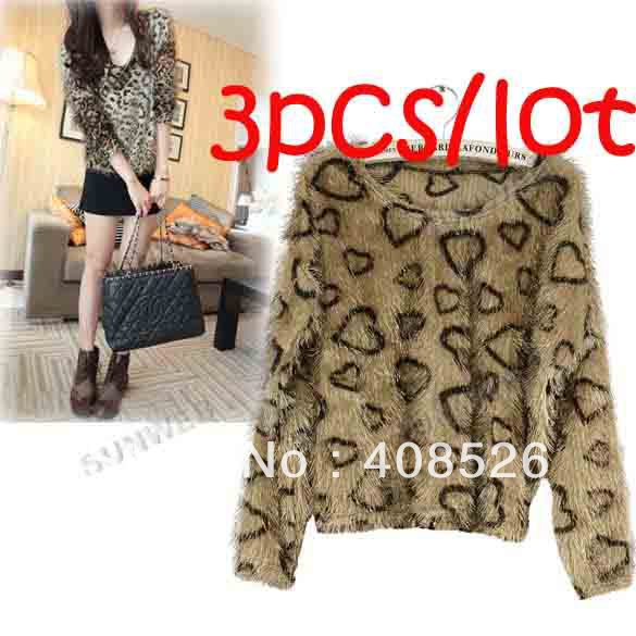 3PCS/LOT drop shipping Women's Long Sleeve Batwing Heart Leopard sweater Pattern Fluffy Pullover Short Tops Free shipping 7986