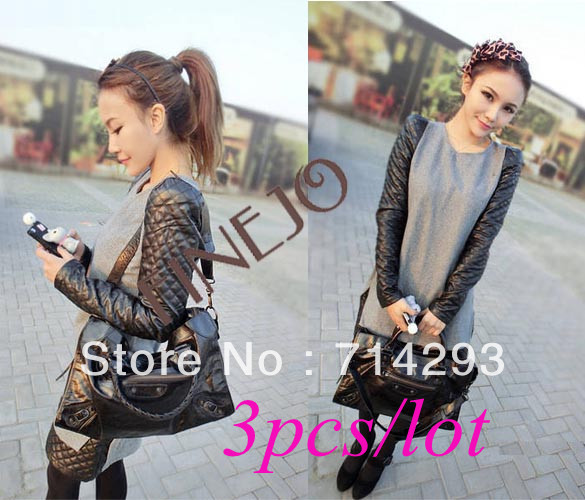 3pcs/lot Elegant Women's Ladies synthetic leather Dress Long Sleeve Worsted Woolen Dress Free Shipping 8780