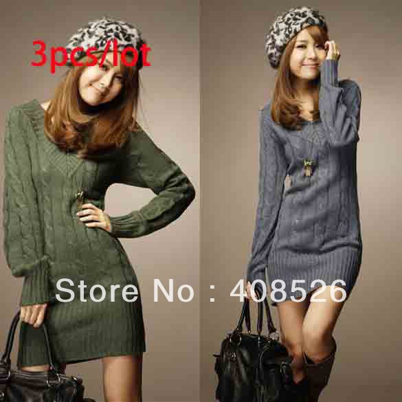 3pcs/lot Fashion Casual Women's woolen V Neck Knitted Sweater Jumper Long Sleeve Mini Dress Pullover Tops free shipping 9201