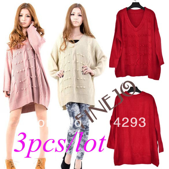 3pcs/lot Fashion Women's Casual Bat Sleeve V-Neck Knitting Long Loose Sweater Tops Free Shipping 9475