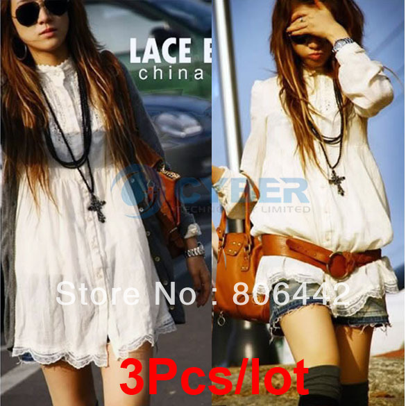 3Pcs/Lot Fashion Women's Long Tunic Top Vintage HIPPIE White Lace Shirt Blouse Dress Free Shipping