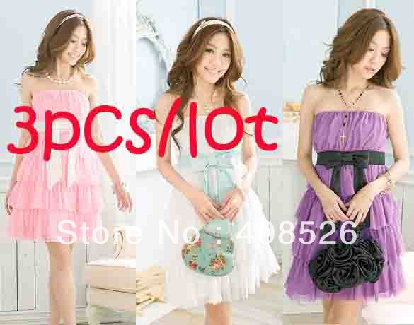 3Pcs/Lot Fashion Women's Sweet Bowknot Embellish Layers Off the Shoulder Mini Tube Chiffon Dress Free Shipping 3689