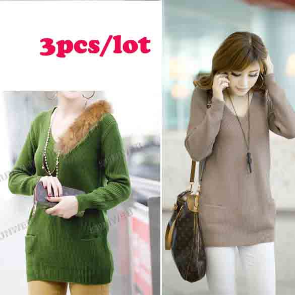 3pcs/lot free shipping Fashion Casual Women's V Neck All-match Double Pockets Bottoming Shirt Knitwear Knitted Sweater 10181