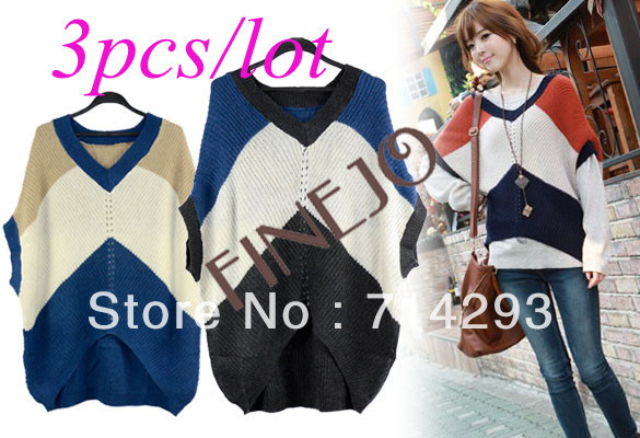 3pcs/lot free shipping Fashion Women's Loose Sweater Woolen V-neck stripe Medium Sleeve Color Matching Coat Jacket 3 Color 7705
