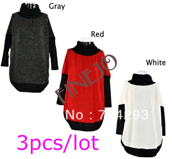 3pcs/lot Free shipping  Fashion Women's Turtleneck Batwing Sleeve Loose Sweater Shirt Tops 9052