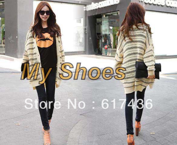 3pcs/lot Free shipping Korean Women's Fashion Striped Cardigan Batwing Loose Knitted Sweater Long Tops 2 Colors 7886