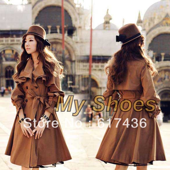 3pcs/lot Free Shipping Women's Double Breasted Flouncing Neck Long Slim Windbreaker Trench Coat wind coat S,M,L,XL,XXL7958