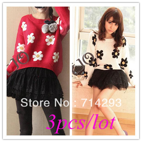3pcs/lot Free shipping Women's Lady Fashion Long Sleeve Woolen Flowers knitting Sweater Coat 4 Colors 10016