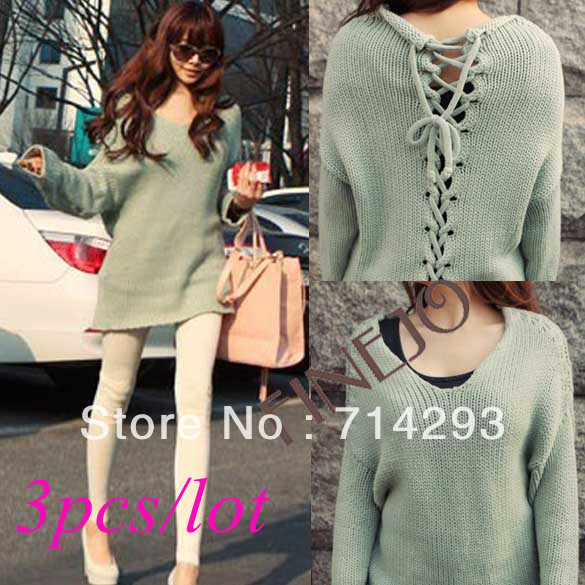 3pcs/lot Free shipping Women's Loose Back Lace Up Hollow Batwing Sleeve Vintage Knit Sweater Coat Tops 8497