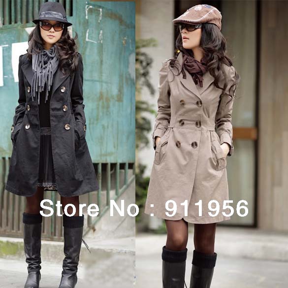 3pcs/lot hot sell long jacket love Women's Double-breasted Coat  Outwear Black, Brown, Khaki #10