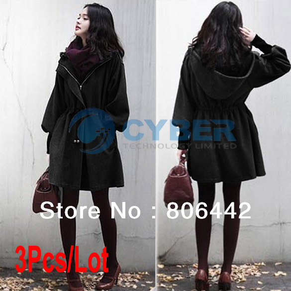 3Pcs/Lot Hot Selling 2013 Korean Winter Women's Long Puff Sleeve Hooded Trench Coat Outerwear Black 3Sizes 7561