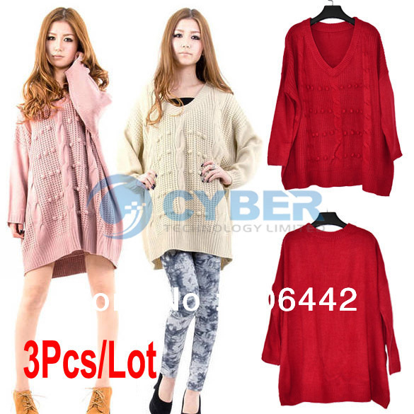3Pcs/Lot New 2013 Women's Sweater Korean Fashion Casual Long Sleeve Loose Knitted Batwing Sweater Outerwear Free Shipping 9475