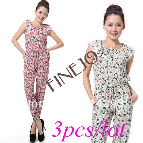 3pcs/lot New Fashion Elegant Women's Button Flower Long Sleeveless Jumpsuit S M L Free shipping 11228