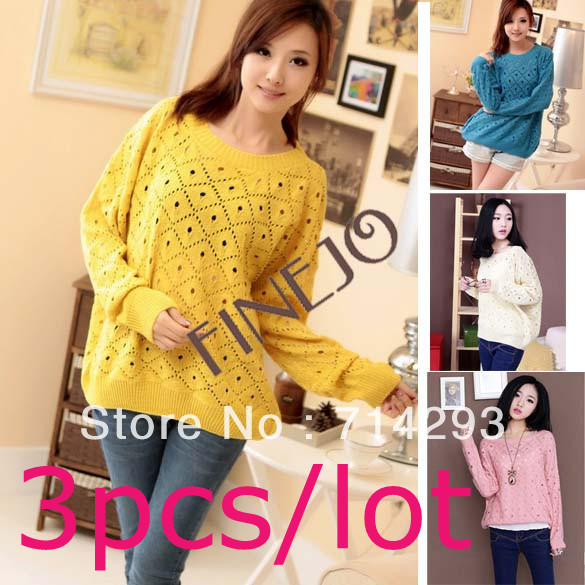 3pcs/lot New Fashion Long Sleeve O-Neck  Loose Hollow Out Knitting Sweaters Shirts Smock Free shipping 8092